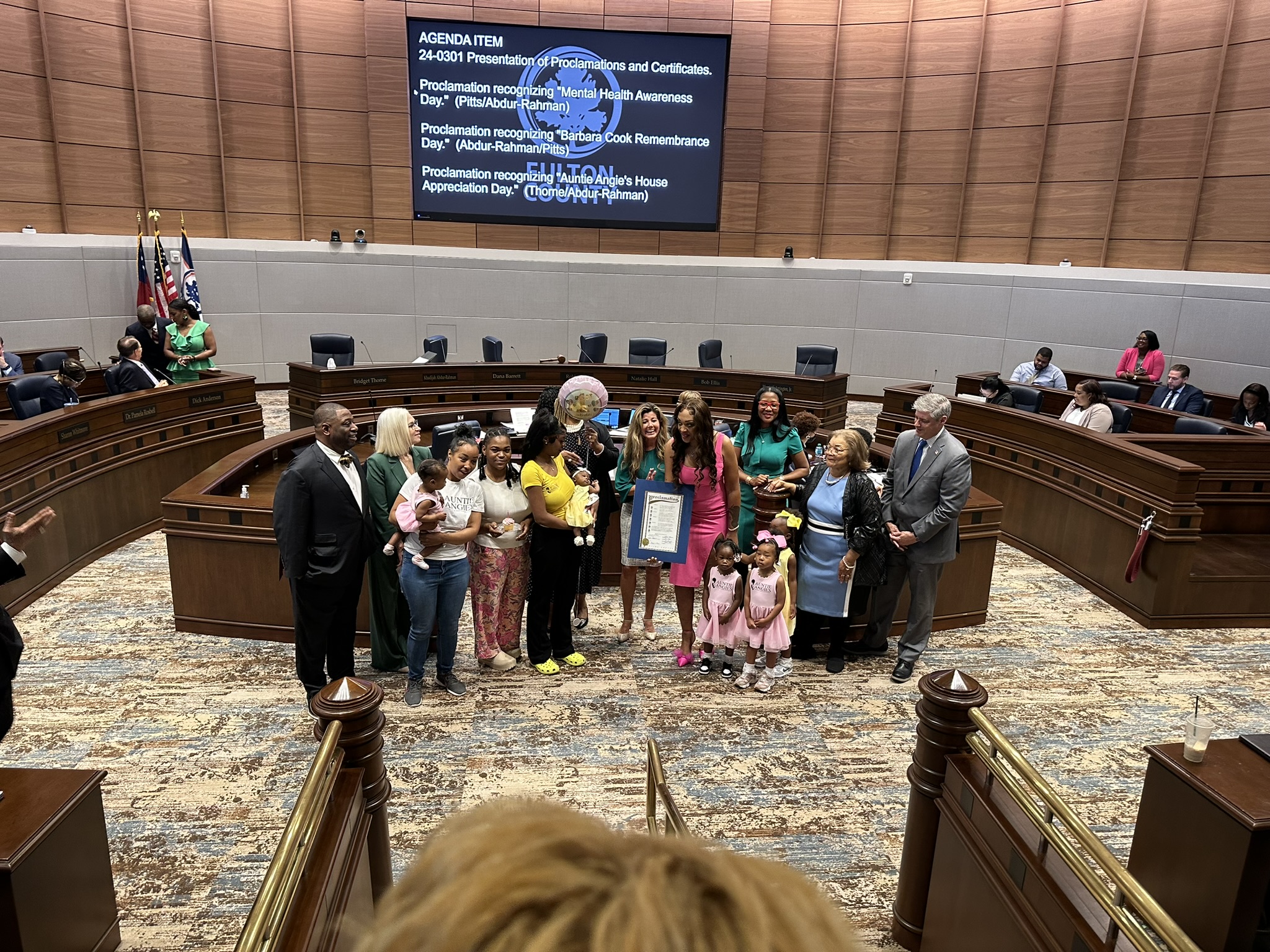 Fulton County Commission award proclamation to Aunt Angie's House